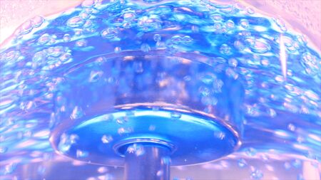 Close up for beautiful, blue clear water with bubbles rising up in plastic reservoir. Bubbles of air...