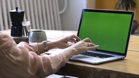 Young woman in pink shirt sitting at the large wooden table and typing on her laptop with chroma key green screen. Stock footage. Chroma key screen for placement of your own content.の写真素材