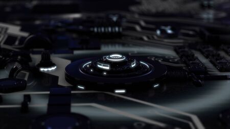 Abstract animation of 3d electronic device, rotating chrome black circles and illuminating neon rings on the system board. Animation. Futuristic technology conceptsの写真素材