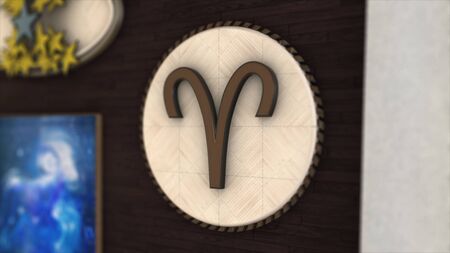Abstract animation of 3d astrological Zodiac sign Aries hanging on the wall of threedimensional room. Animation. It is an energy, purposefulness, heat and Mars Plutos home sign.の写真素材