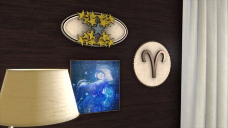 Abstract animation of 3d astrological Zodiac sign Aries hanging on the wall of threedimensional room. Animation. It is an energy, purposefulness, heat and Mars Plutos home sign.の写真素材