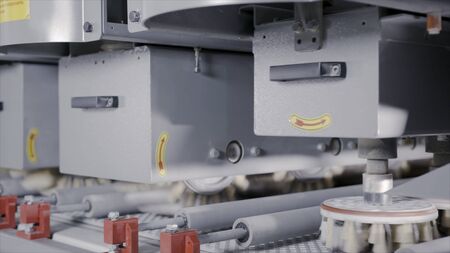 Brushes in industrial production. Action. Automated machines with bristly nozzles for cleaning and painting. Rotating brushes on industrial machines for processing wooden boardsの写真素材