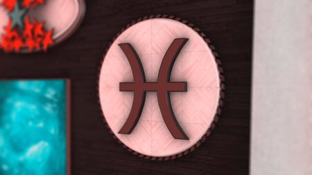 Abstract animation of 3d astrological Zodiac sign Virgo hanging on the wall of three dimensional room. Animation. It is an action, energy, knowledge and Mercurys home sign.の写真素材