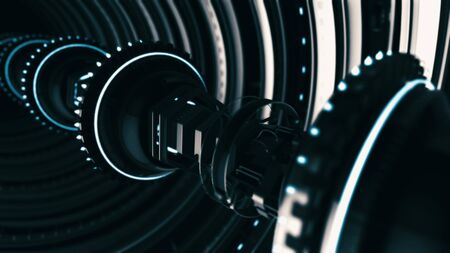 Animated futuristic tunnel of 3d rotating chrome circles with elongated electronic device on the black background. Animation. Subtle mechanical parts on black background.の写真素材