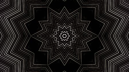 Monochrome kaleidoscopic pattern with rotating stars, squares and rhombuses, seamless loop....