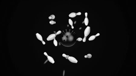 Abstract black ball knocking down pins and they fly into the sides on black background. Animation. 3D white skittles and ball, bowling and active sport games concept, monochrome.の写真素材
