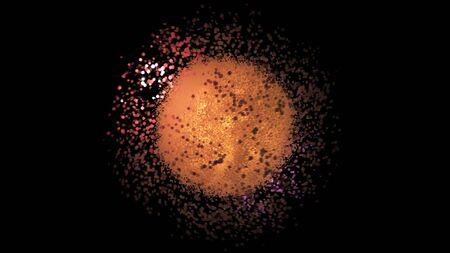 Abstract glowing sphere of small shining particles surrounded by randomly moving circles on black...