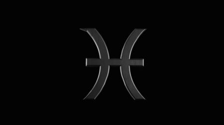 Zodiac sign Pisces, water element sign of dark silver color moving on black background, monochrome. Animation. Astrological zodiac symbol Pisces flowing in the dark, seamless loop.の写真素材