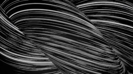 Abstract neon narrow lines in the form of twisted tubes moving and rotating on black background, seamless loop. Animation. Bright white 3D figures of shining stripes of light, monochrome.の写真素材