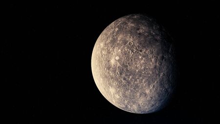 Abstract Mimas satellite, Saturns moon moving in the universe under the light, cosmos concept. Animation. Grey beautiful sphere spinning with one of its sides remaining in shadow.の写真素材