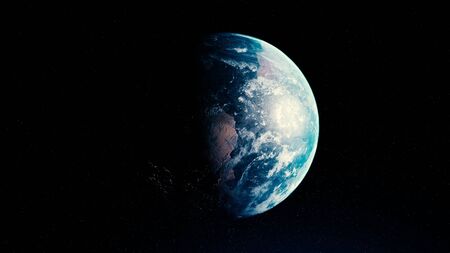 Abstract 3D visualisation of the Earth rotating on black space background and milky way, cosmos consept, seamless loop. Animation. Beautiful spinning globe lit by sunlight.の写真素材
