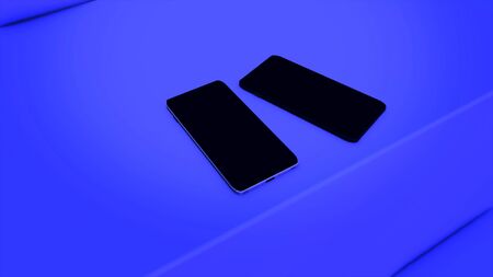 Two abstract modern smart phones with the biometric protection - place to apply finger and to scan fingerprint for verifying identity. Animation. Two black devices lying on blue background.の写真素材