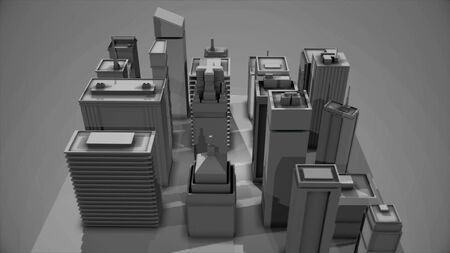Abstract digital 3D model of the city district with houses ans skyscrapers on grey background....