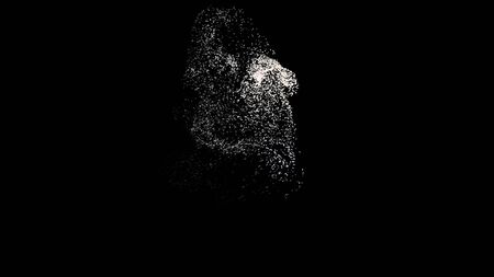 White particle energy sphere rotating on black background. Animation. White small dots spreading and spinning in the dark with a kernel in the middle, monochrome.の写真素材