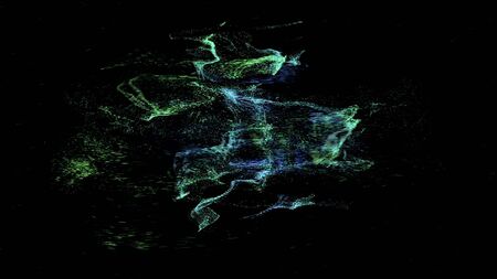 Abstract rotation of symbol of Android, logo made from small green flying particles on black...