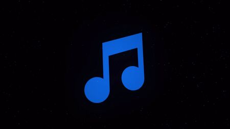 Abstract blue note transforming into flying and swirling particles isolated on black background....