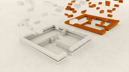 Abstract construction of building, of cartoon brick house isolated on white background. Stock...