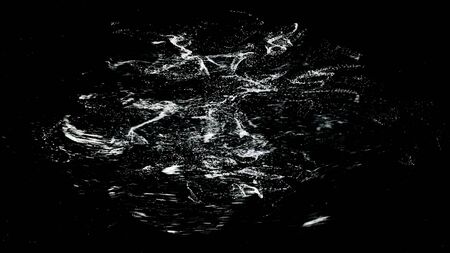 Abstract unknown mysterious rotating shape consisting of small white flying space dust on black background, seamless loop. Animation. Spinning vortex with white particles, seamless loop.の写真素材