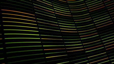 Colorful wavy texture of narrow lines devided into small segments flowing on black background, seamless loop. Green and yellow diagonal neon stripes.の写真素材