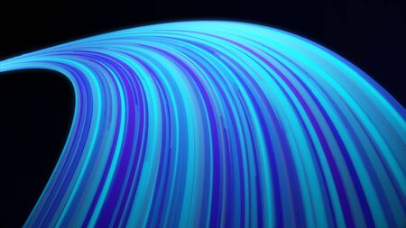 3D blue tail formed by narrow lines flowing on black background. Neon colorful rays flow in an...