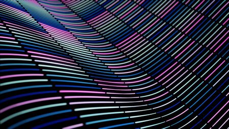 Colorful wavy texture of narrow lines devided into small segments flowing on black background, seamless loop. Colorful diagonal neon stripes.の写真素材