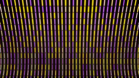 Abstract colorful lines devided into small segments flowing on black background, seamless loop. Digital vertical rows of narrow yellow and purple stripes.の写真素材
