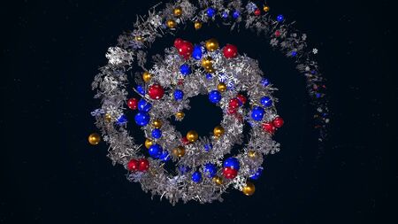 Christmas or New Year wreath spiral spinning on black background, seamless loop. Animation. Abstract blue garland of snow flakes and Christmas tree decorations.の写真素材