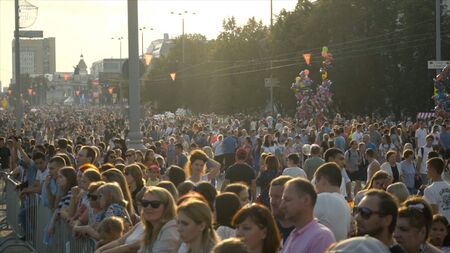 Yekaterinburg, Russia-August, 2019: Many people gathered in city square on day of holiday. Action....
