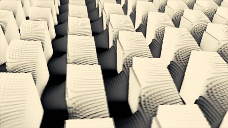 Abstract 3d geometric shapes in rows becoming black and white checkered flat surface. Animation. Many small convex cubes forming many large figures of same size, monochrome.の写真素材