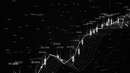 3d financial background with all the data and graphics, growth and decline, finance and economics concept. Monochrome financial chart background, stock market statistics on the screen.の写真素材