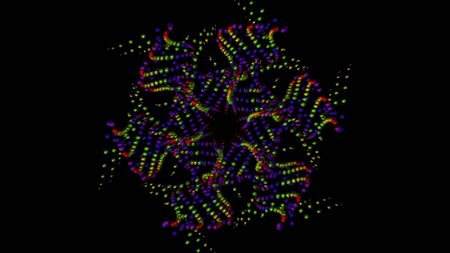 Abstract kaleidoscopic background with animated glowing colorful circles, geometric shapes in fast...