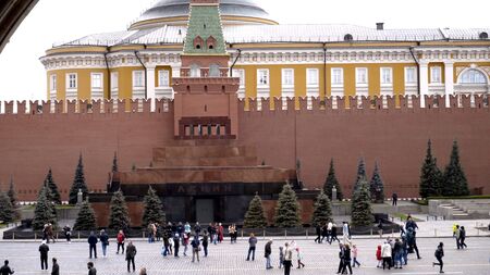 Russia, Moscow-September, 2019: Square with tourists on background of red fortress of Moscow...