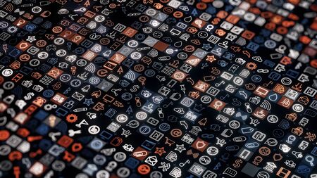 Abstract small edless cells with different icons background, seamless loop. Animation. Digital scren...