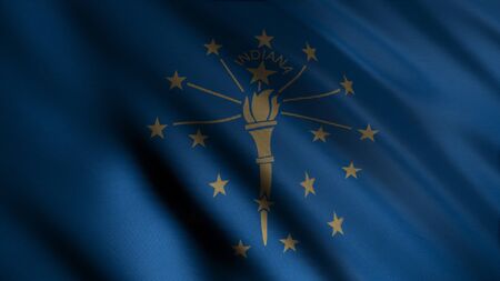Flag of the state of Indiana with a torch waving slowly in the wind, USA. Animation. Close up of...