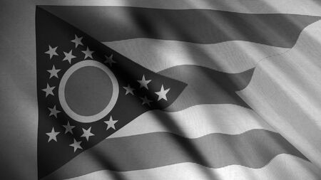 Close up of Ohio state black and white flag flowing slowly and forming ripples, seamless loop. Animation. Abstract flag one of United states waving in the wind, monochrome.の写真素材