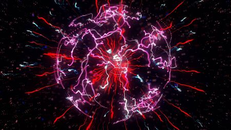 Abstract colorful explosion of neon nucleus isolated on black background. Amazing 3d impulse spreading into the sides surrounded by small particles.の写真素材