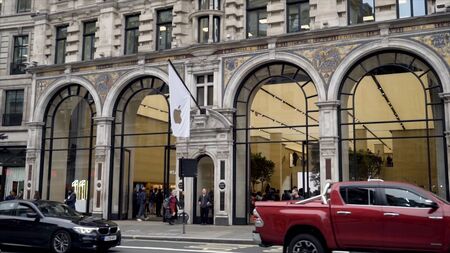 London, Britain-September, 2019: Apple store is located in old architectural building of European...