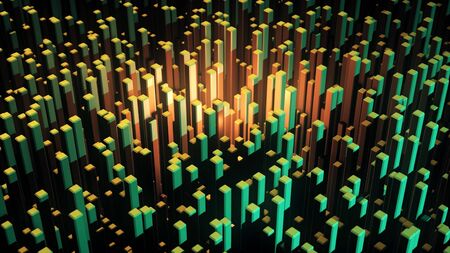 Abstract 3D animation with rising colored squares. Animation. Retractable up 3D rectangular blocks with beautiful multi-colored lights.の写真素材