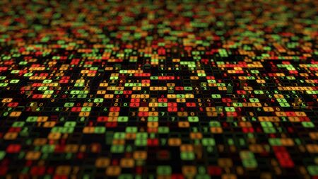 Digital space background with numbers. Animation. Huge variety of different colored cells with changing numbers. Background of infinite colored numbers.の写真素材