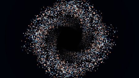 Glittering golden particles floating, swirling in a spiral trajectory and spreading around on black background. Animation. Abstract cloud of small circles forming space tunnel.の写真素材