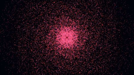 Colorful space travel through the vortex formed by tiny pink flying particles on black background....