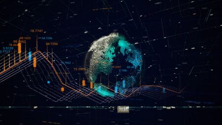 Business and stock market concept, silhouette of the Earth planet surrounded by numbers and diagrams. Animation. Abstract business news background.の写真素材