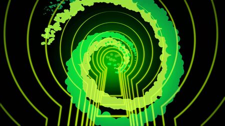 Abstract key hole and moving rings with rotating spiral in the center of the screen, seamless loop....