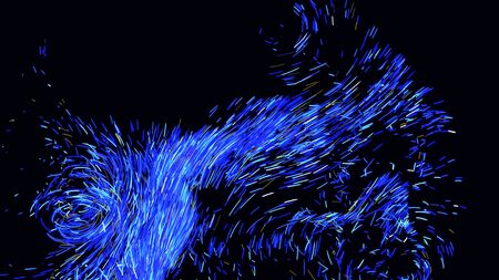 Abstract colorful gentle flow of bended narrow lines over the black background. Colorful space comet tail moving chaotically.の写真素材