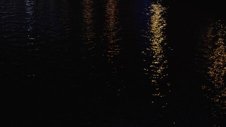 Close-up of pond dark water surface during the night with reflection from city lights. Beautiful...