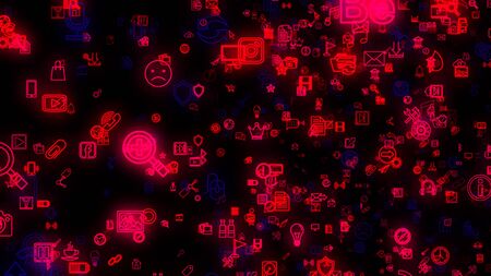 Editorial use only. Many small neon signs of internet communication and social media icons on black background, seamless loop. Animation. Globalization concept.のeditorial素材
