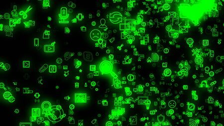 Editoral use only. Flying logotypes of the most popular social media in the world, such as instagram, VK, skype, twitter and others. Stock footage. Icons on a black background.のeditorial素材