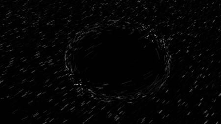 Abstract fast flight of stars in outer space crossing black wormhole, seamless loop. Animation. Cosmic background with a black hole and milky way on black background.の写真素材