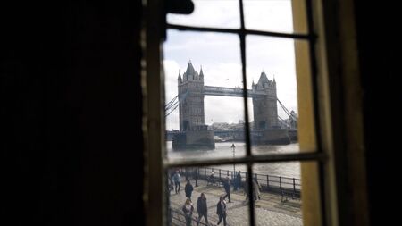 View from window of British bridge. Action. Inside apartment there is beautiful view from window of...