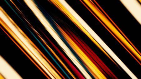 Abstract glowing and shiny colorful light rays on black background. Animation. Beautiful shimmering diagonal straight lines moving and blinking, seamless loop.の写真素材
